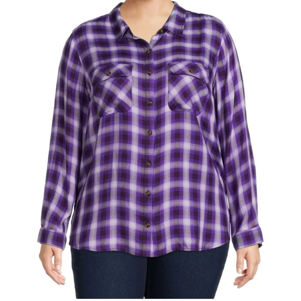 NWT Terra & Sky 3x Button Down Long Sleeve Purple Plaid Shirt